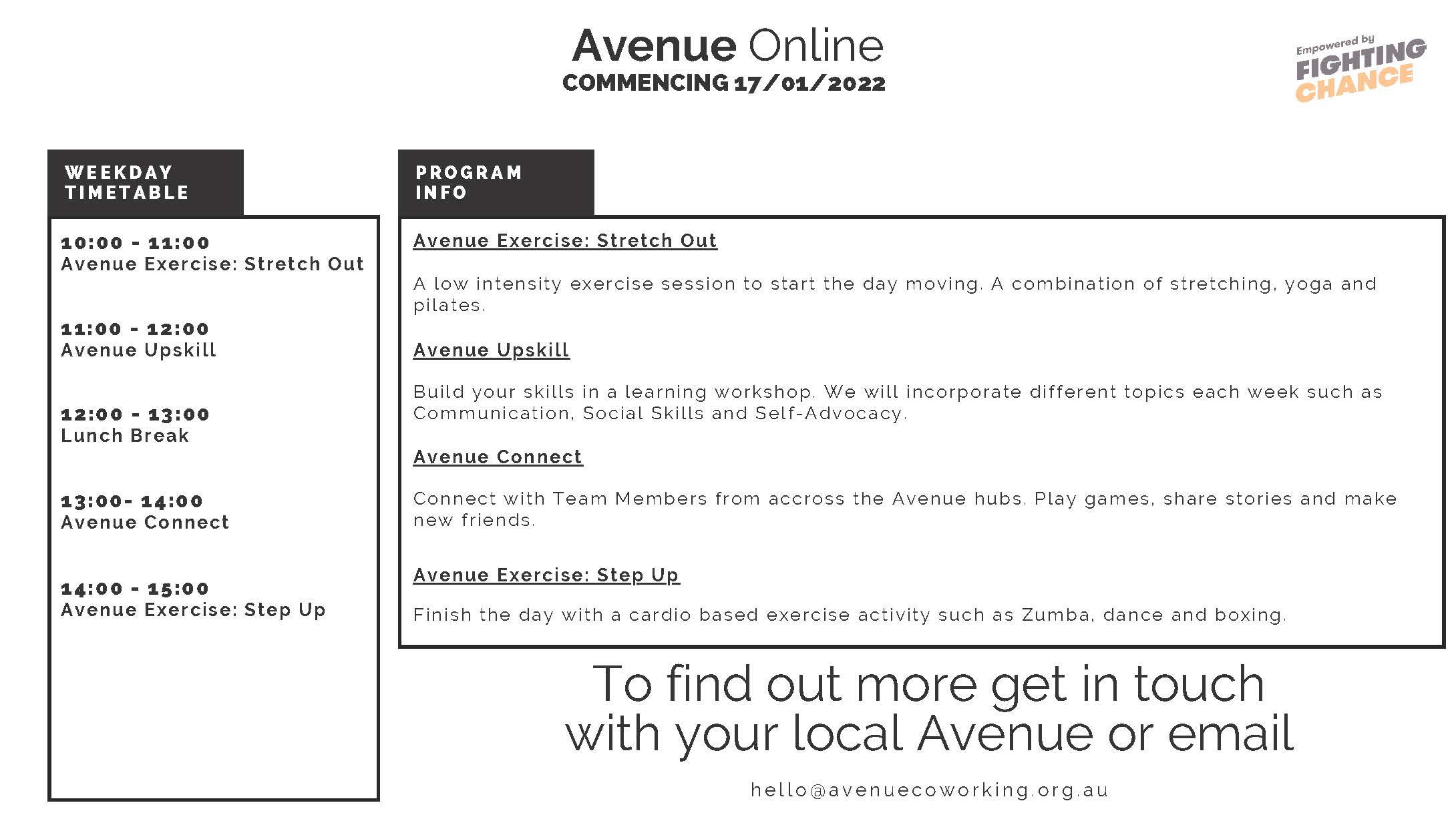 Avenue Online Timetable and Program Info